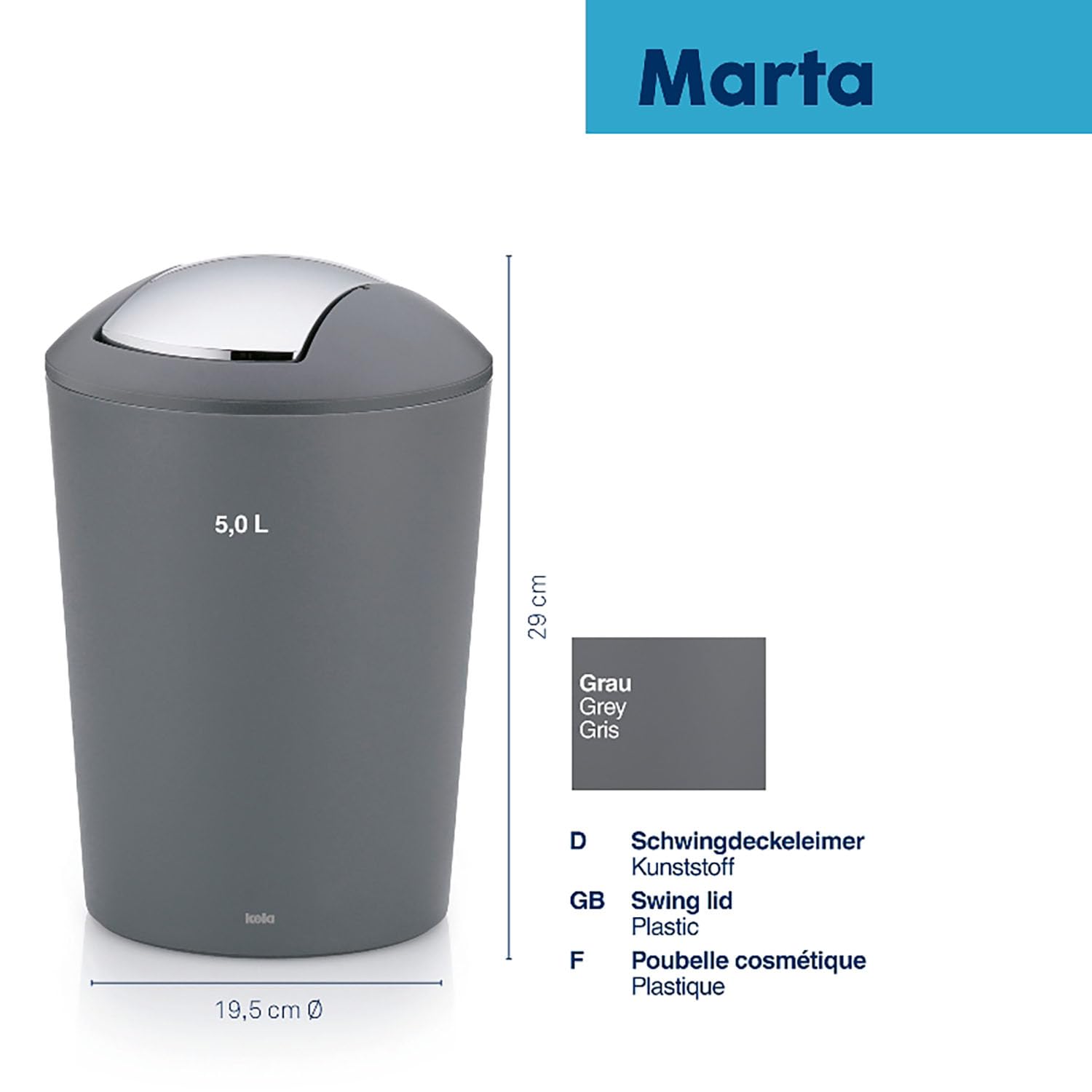 kela-marta-schwingdeckeleimer-5l-kosmetikeimer-grau-matt-kunststoff image 3