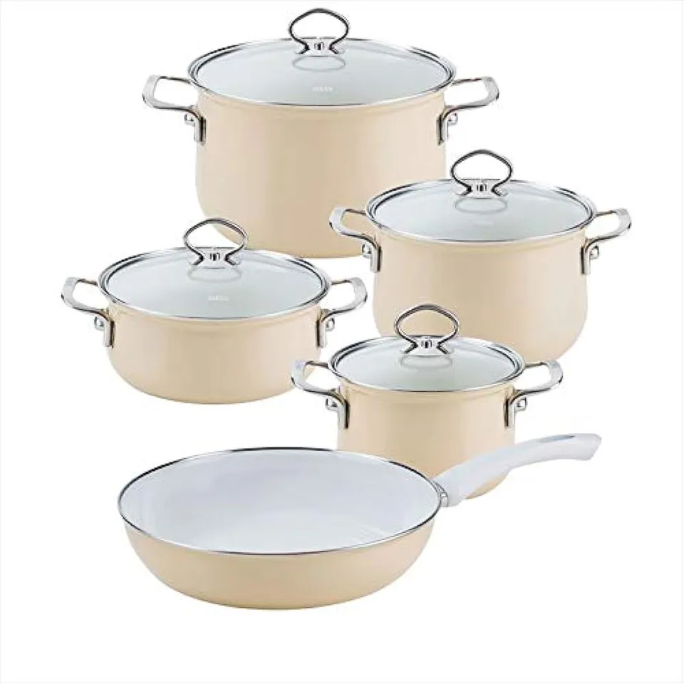 riess-nouvelle-cappuccino-kochset-5-teilig-emaille-16-24-cm-mit-glasdeckel image 1