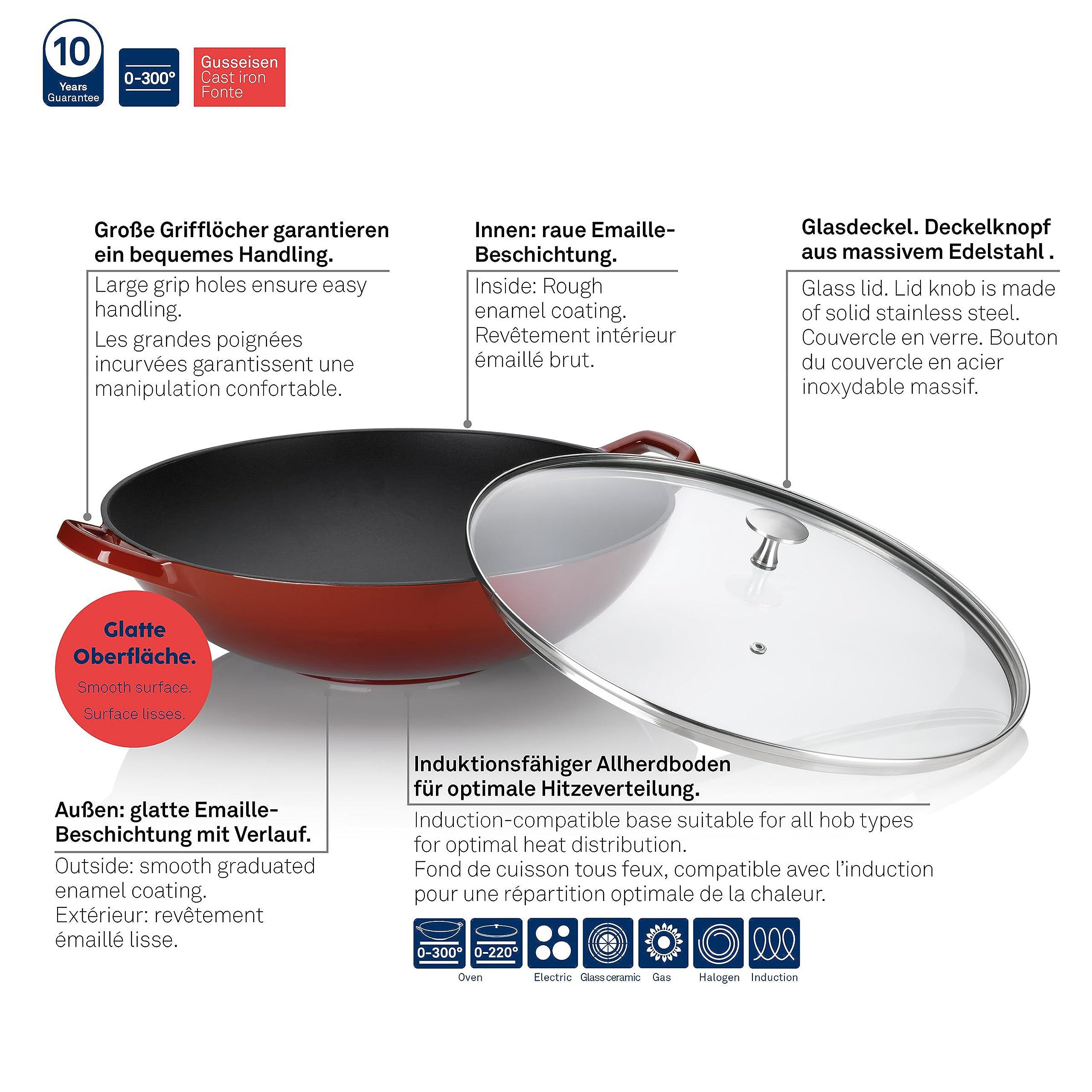kela-calido-wok-36-cm-4-l-gusseisen-rot-emailliert-mit-glasdeckel-induktion image 4
