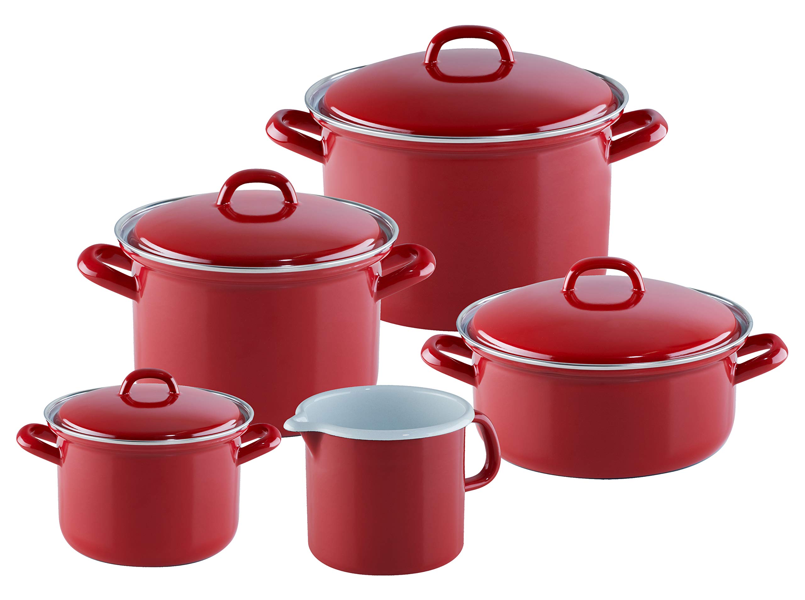 riess-email-set-5-teilig-rot-fleischtopf-kasserolle-schnabeltopf-emaille image 1