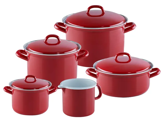 riess-email-set-5-teilig-rot-fleischtopf-kasserolle-schnabeltopf-emaille image 1