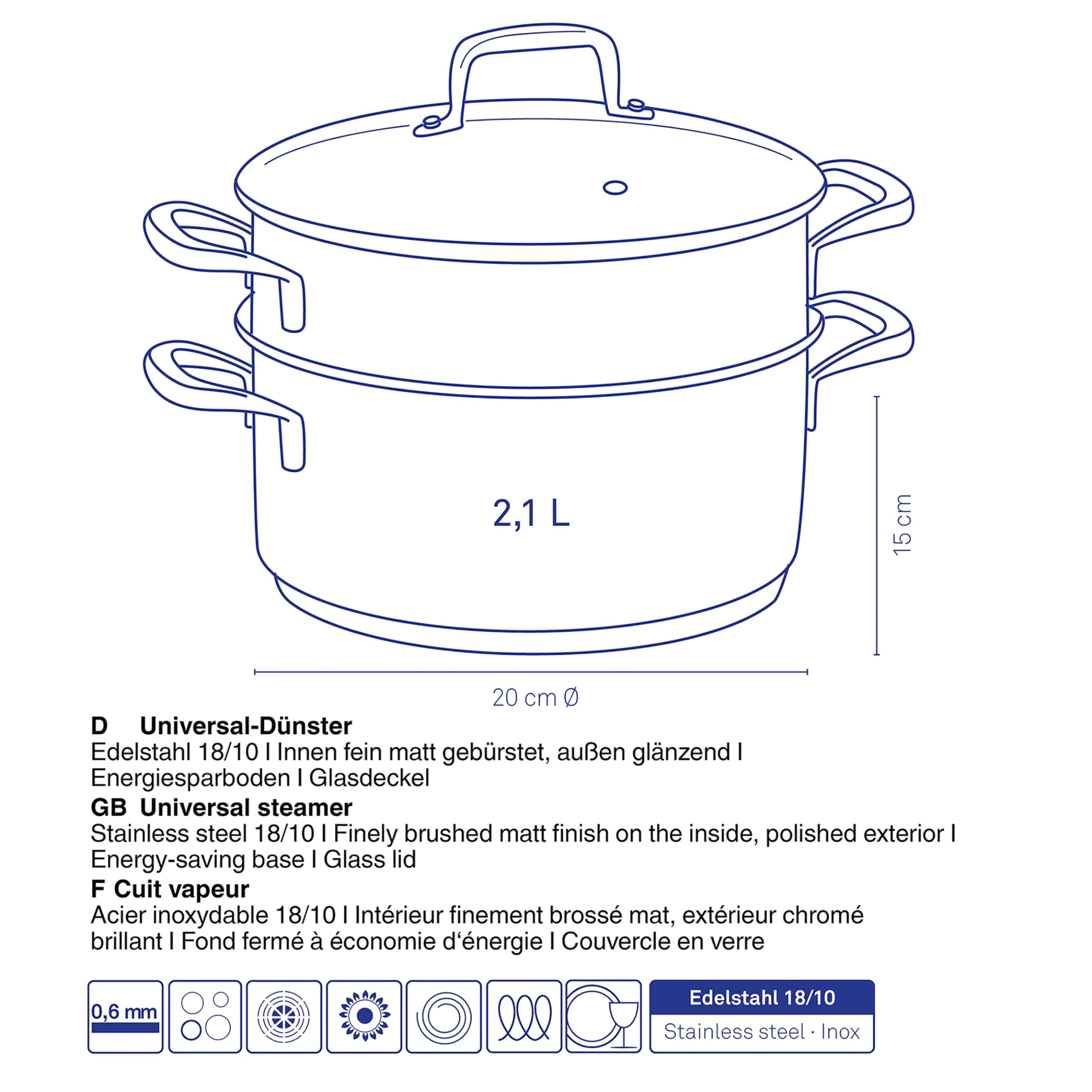 kela-flavoria-dampfgarer-topf-20-cm-2-4-l-induktion-mit-einsatz-und-glasdeckel image 3