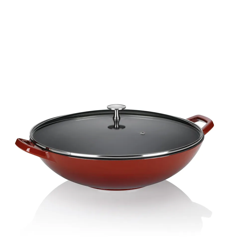 kela-calido-wok-36-cm-4-l-gusseisen-rot-emailliert-mit-glasdeckel-induktion image 1